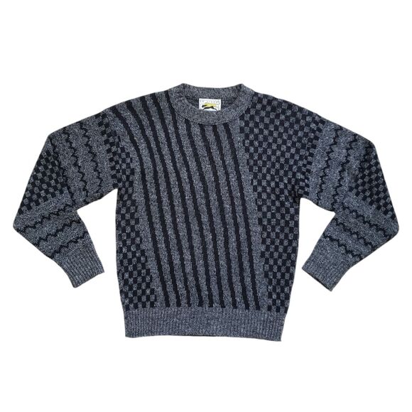 Vintage Le Tigre Sweater Mens Medium Gray Geometric Stripe Knit Crewneck 90s - Picture 1 of 10